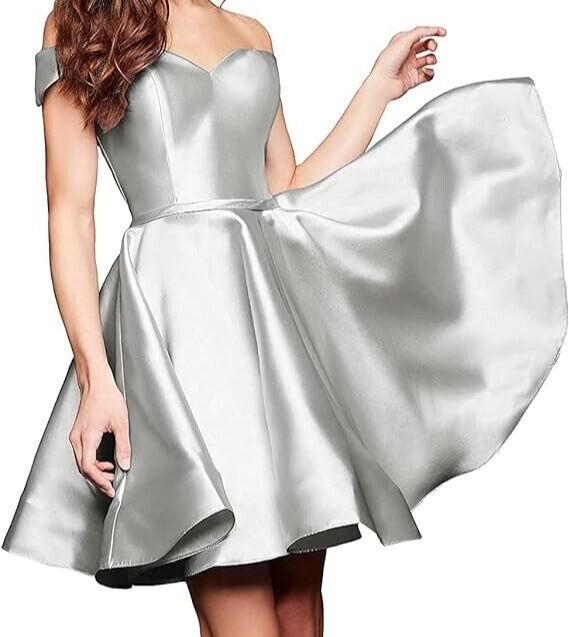 Short Silver Dress with Pockets Off Shoulder Satin Cocktail Party Gown -  NEW | eBay